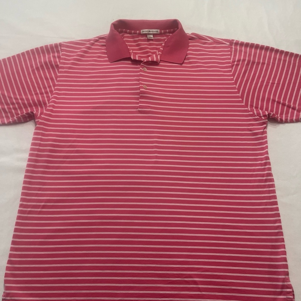 Peter Millar Polo Shirt Men’s Sz Large Pink Striped Short Sleeve Cotton Golf